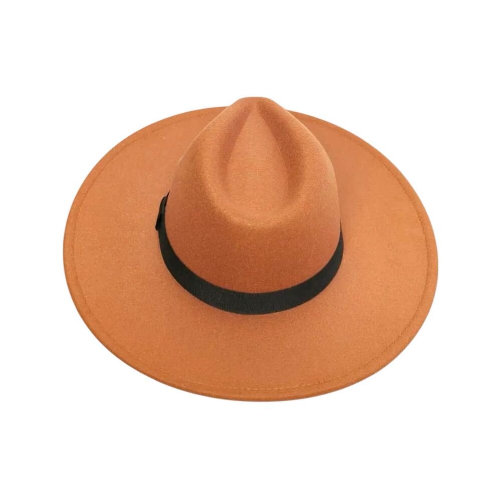 FAME Camel Wide Brim Fedora Hat | Tan Boho Rancher Western Black Ribbon NEW - Picture 12 of 14